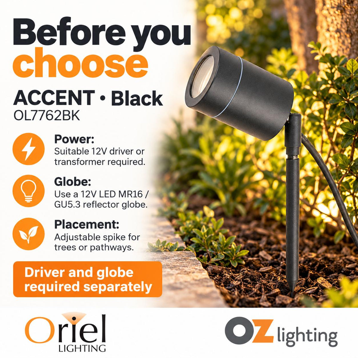 Oriel ACCENT Outdoor Spike Light - 12V Garden, IP44 - DRIVER REQUIRED-Oriel Lighting-Ozlighting.com.au