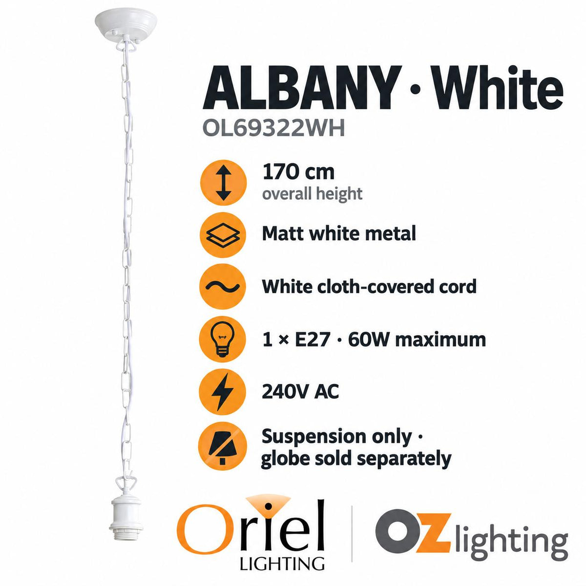 Oriel ALBANY Pendant - Cloth Cord Chain-Oriel Lighting-Ozlighting.com.au