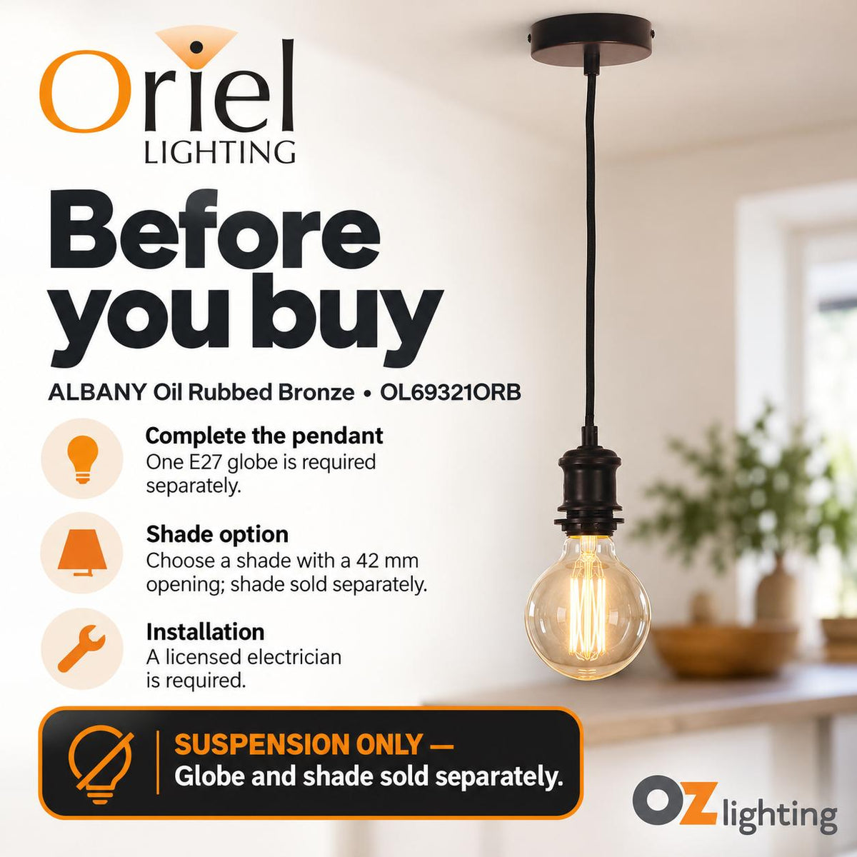 Oriel ALBANY Pendant - Cloth Cord-Oriel Lighting-Ozlighting.com.au