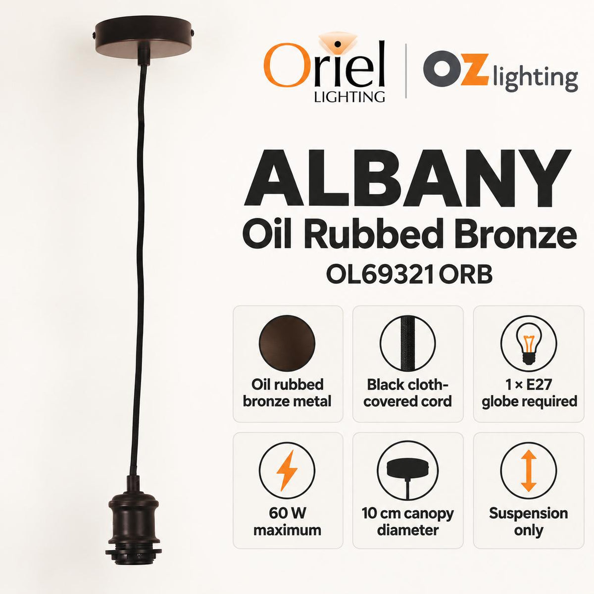 Oriel ALBANY Pendant - Cloth Cord-Oriel Lighting-Ozlighting.com.au