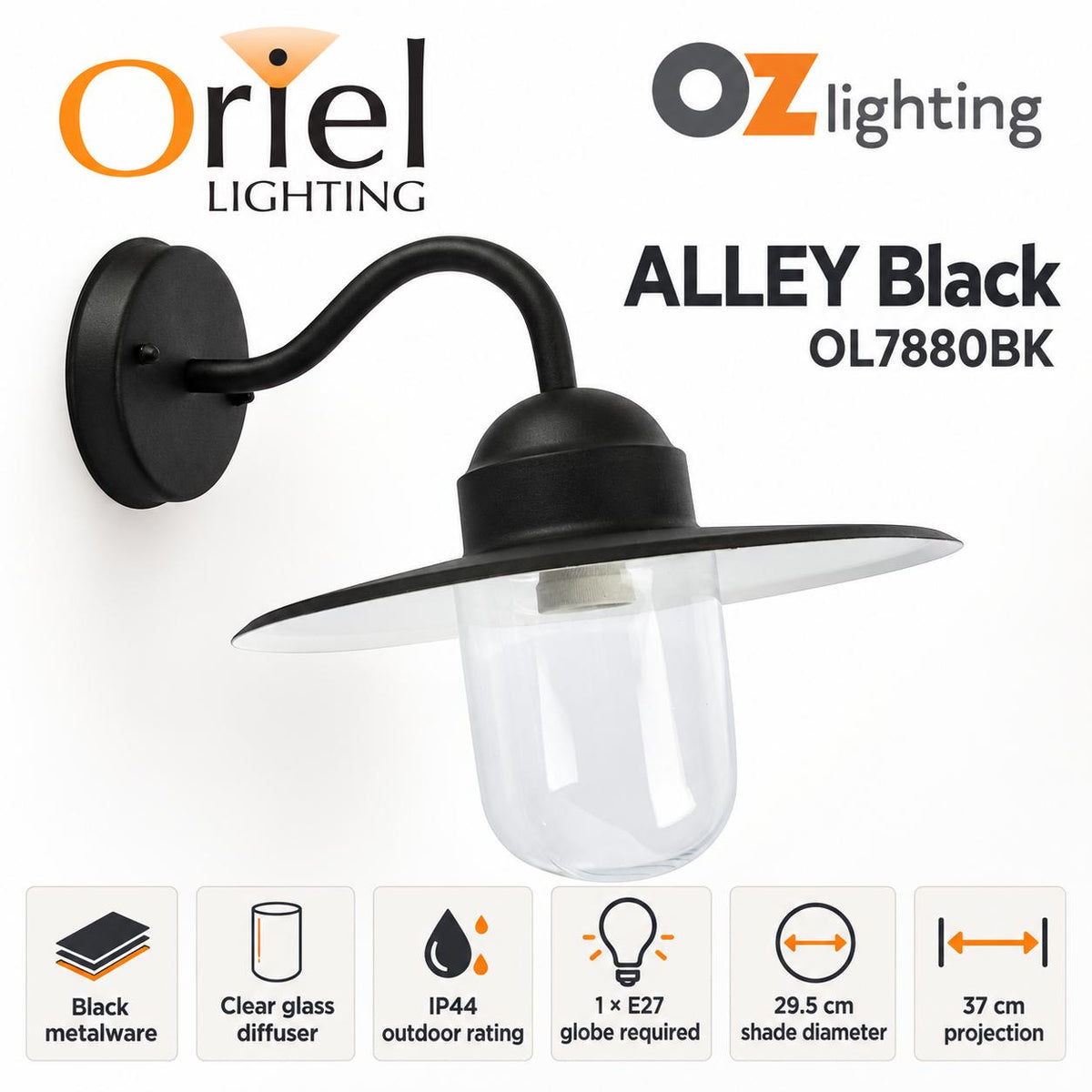 Oriel ALLEY Outdoor Wall Light - 1 Light, IP44-Oriel Lighting-Ozlighting.com.au