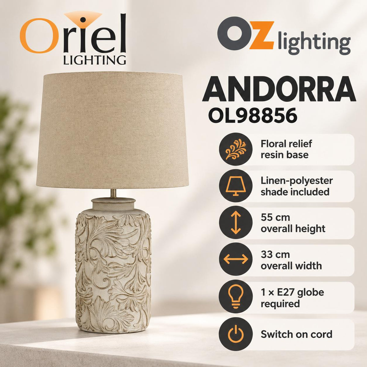 Oriel ANDORRA Table Lamp - Romantic Embossed Floral-Oriel Lighting-Ozlighting.com.au