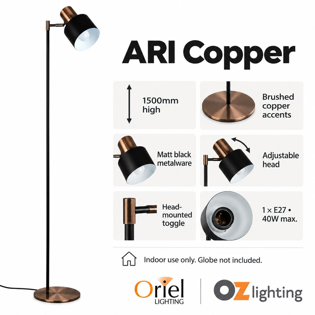 Oriel ARI Floor Lamp - Single Head-Oriel Lighting-Ozlighting.com.au