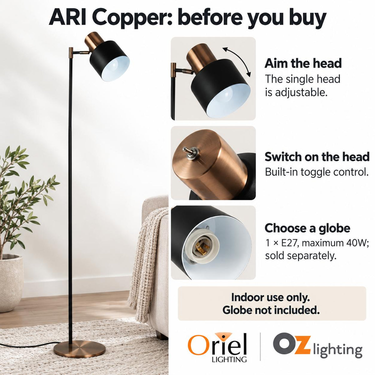Oriel ARI Floor Lamp - Single Head-Oriel Lighting-Ozlighting.com.au