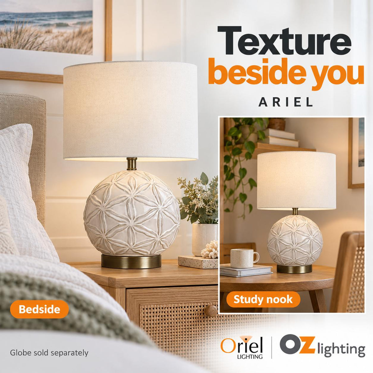 Oriel ARIEL Table Lamp - Ceramic, with Shade-Oriel Lighting-Ozlighting.com.au