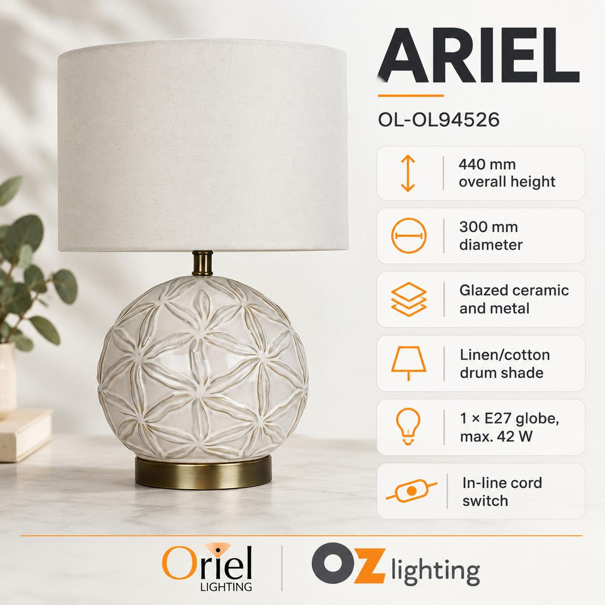 Oriel ARIEL Table Lamp - Ceramic, with Shade-Oriel Lighting-Ozlighting.com.au