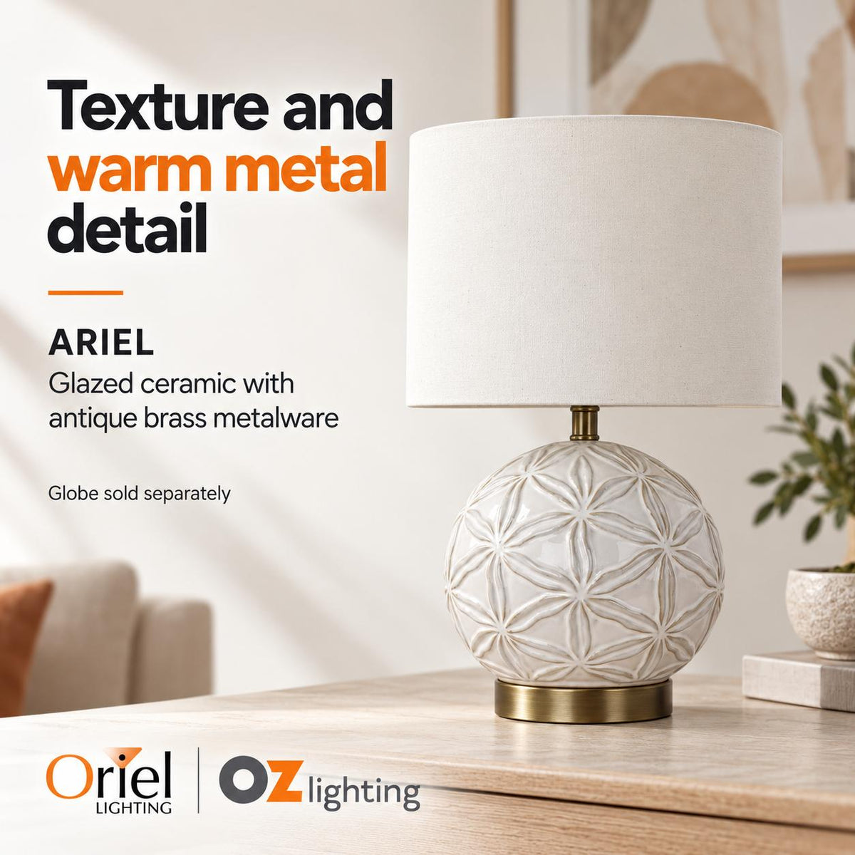 Oriel ARIEL Table Lamp - Ceramic, with Shade-Oriel Lighting-Ozlighting.com.au