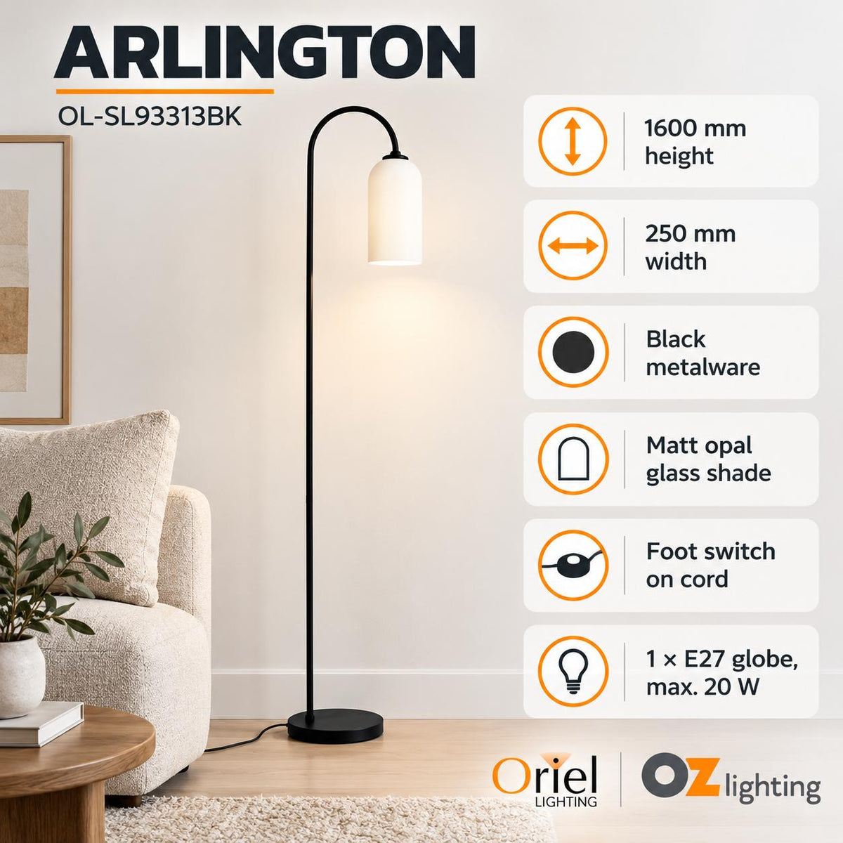 Oriel ARLINGTON Floor Lamp - Black Metal, with Opal Matte Glass Shade-Oriel Lighting-Ozlighting.com.au