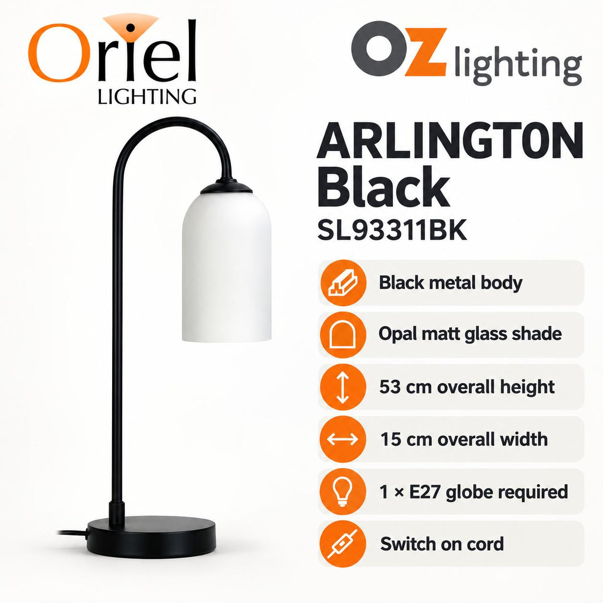 Oriel ARLINGTON Table Lamp - Black Metal, with Opal Matte Glass Shade-Oriel Lighting-Ozlighting.com.au