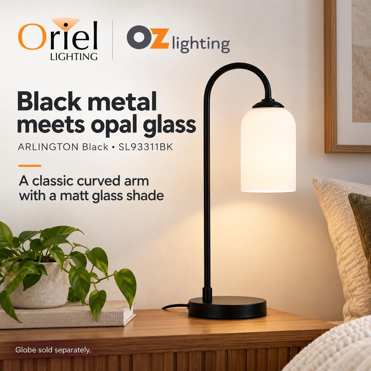 Oriel ARLINGTON Table Lamp - Black Metal, with Opal Matte Glass Shade-Oriel Lighting-Ozlighting.com.au