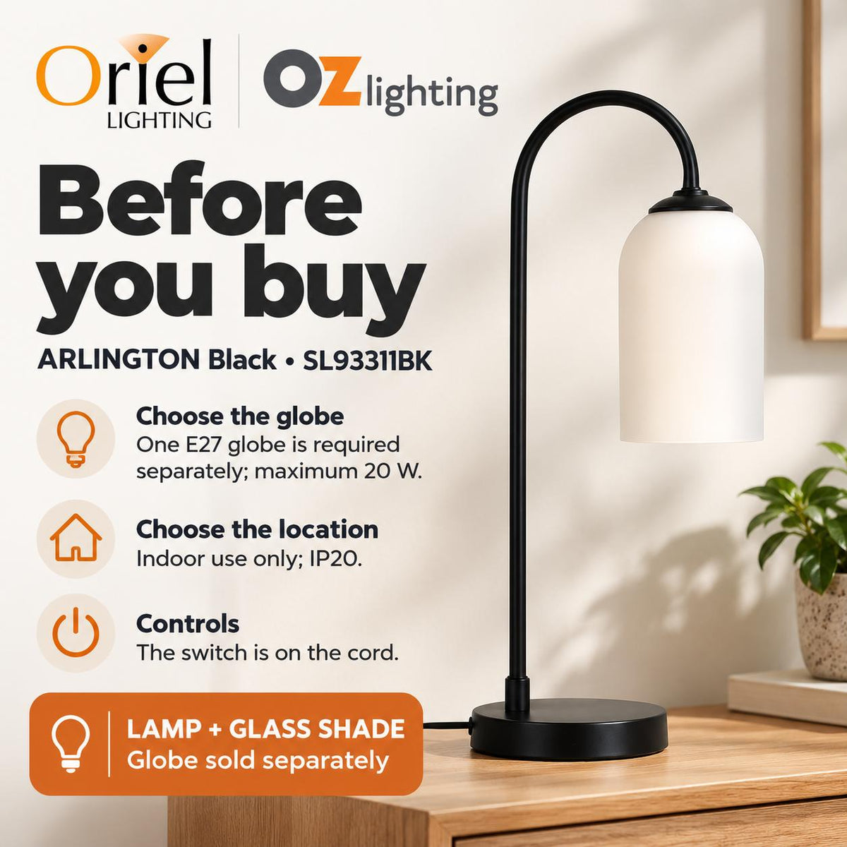 Oriel ARLINGTON Table Lamp - Black Metal, with Opal Matte Glass Shade-Oriel Lighting-Ozlighting.com.au