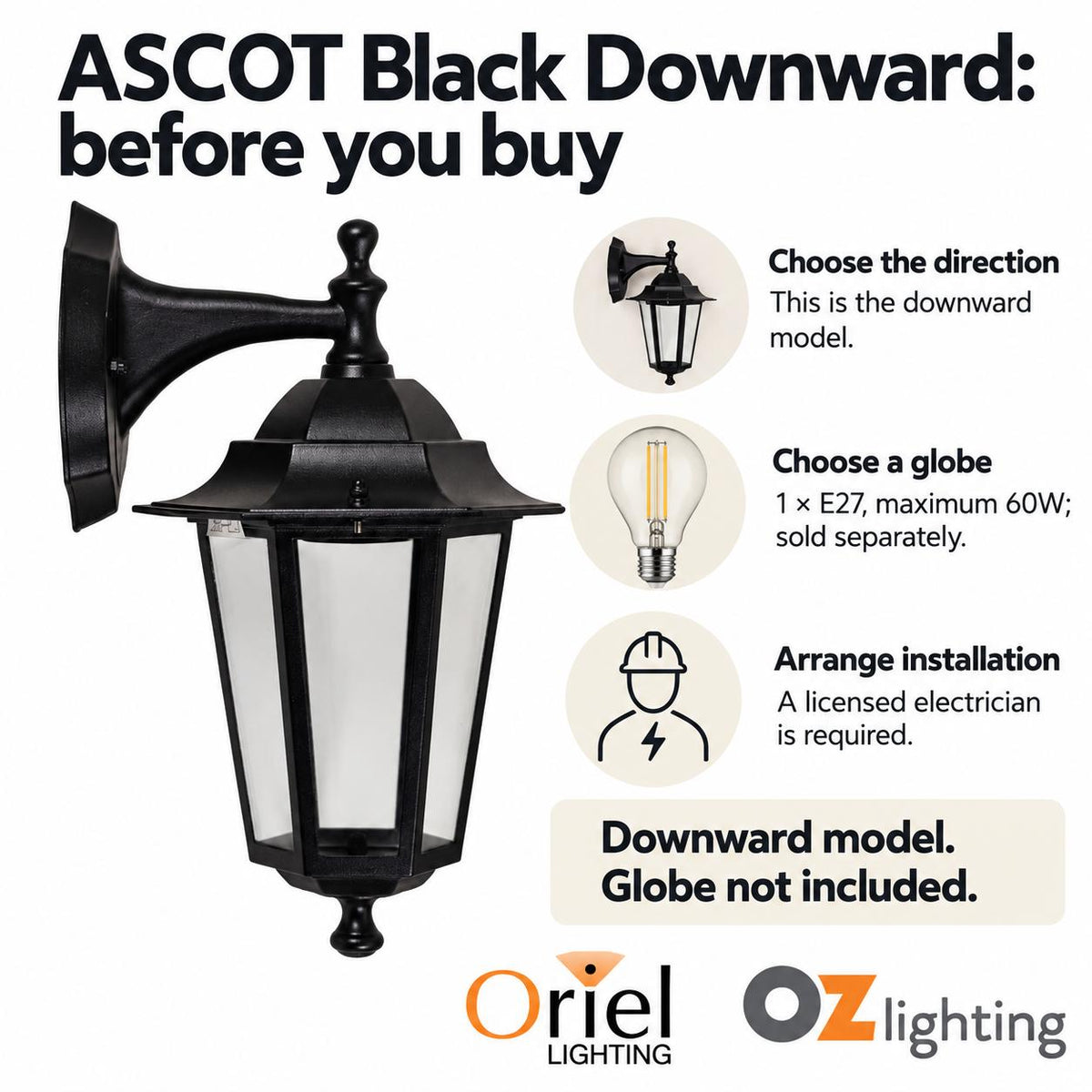 Oriel ASCOT Outdoor Wall Light - Downward, IP44-Oriel Lighting-Ozlighting.com.au