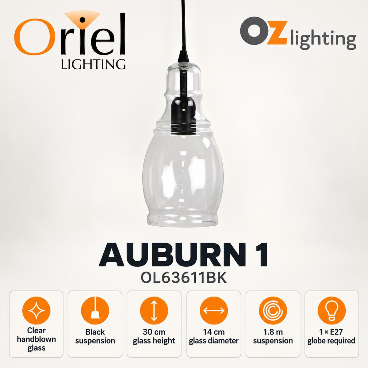 Oriel AUBURN Pendant - 1 Light-Oriel Lighting-Ozlighting.com.au