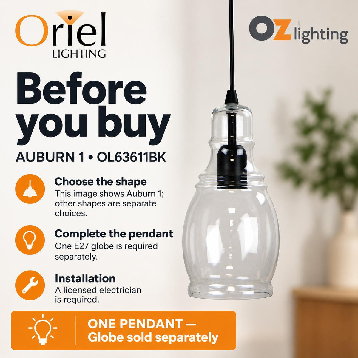 Oriel AUBURN Pendant - 1 Light-Oriel Lighting-Ozlighting.com.au