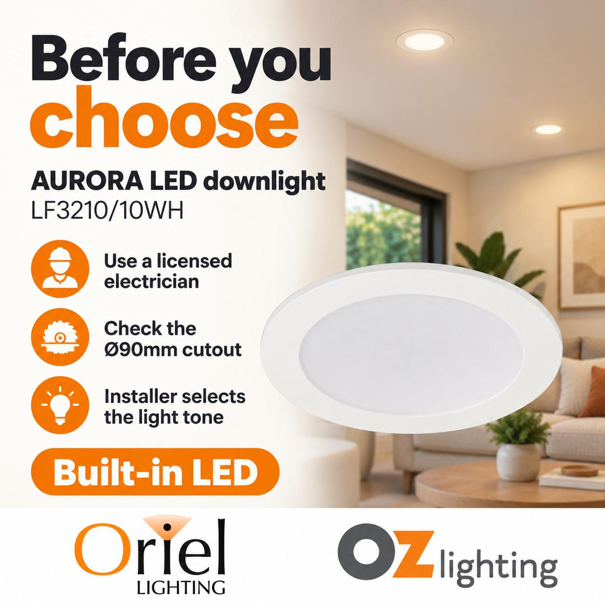 Oriel AURORA LED Downlight - 10W, Tri-Colour Dimmable Flat Face PC, IP44-Oriel Lighting-Ozlighting.com.au