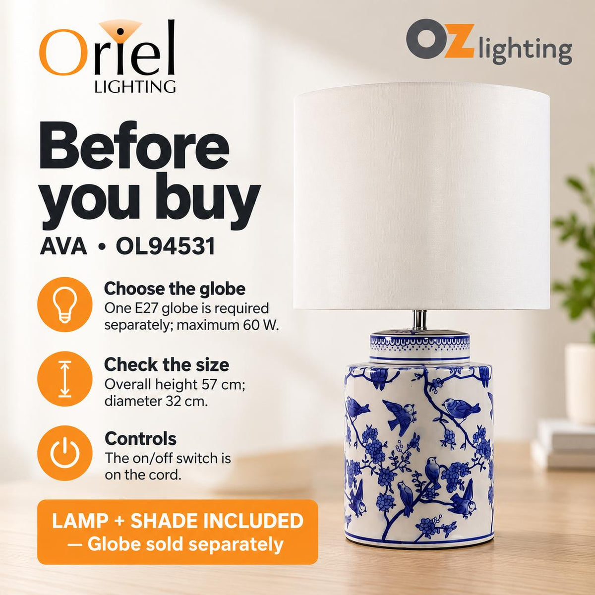 Oriel AVA Table Lamp - Hand Painted Ceramic-Oriel Lighting-Ozlighting.com.au