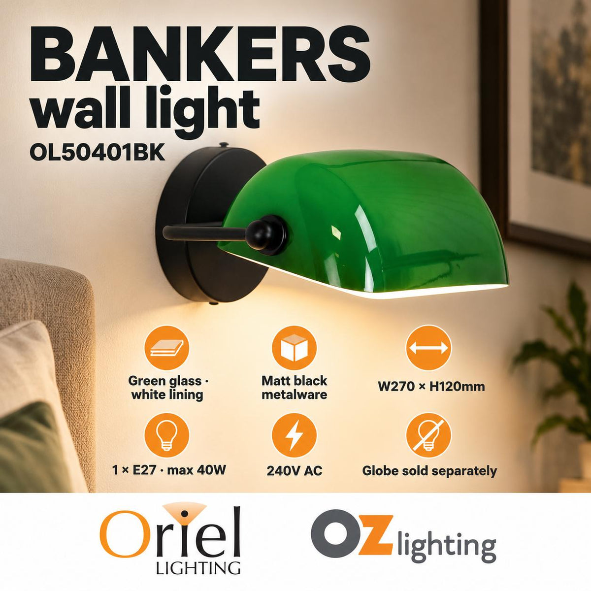 Oriel BANKERS Wall Light - Interior, Black-Oriel Lighting-Ozlighting.com.au