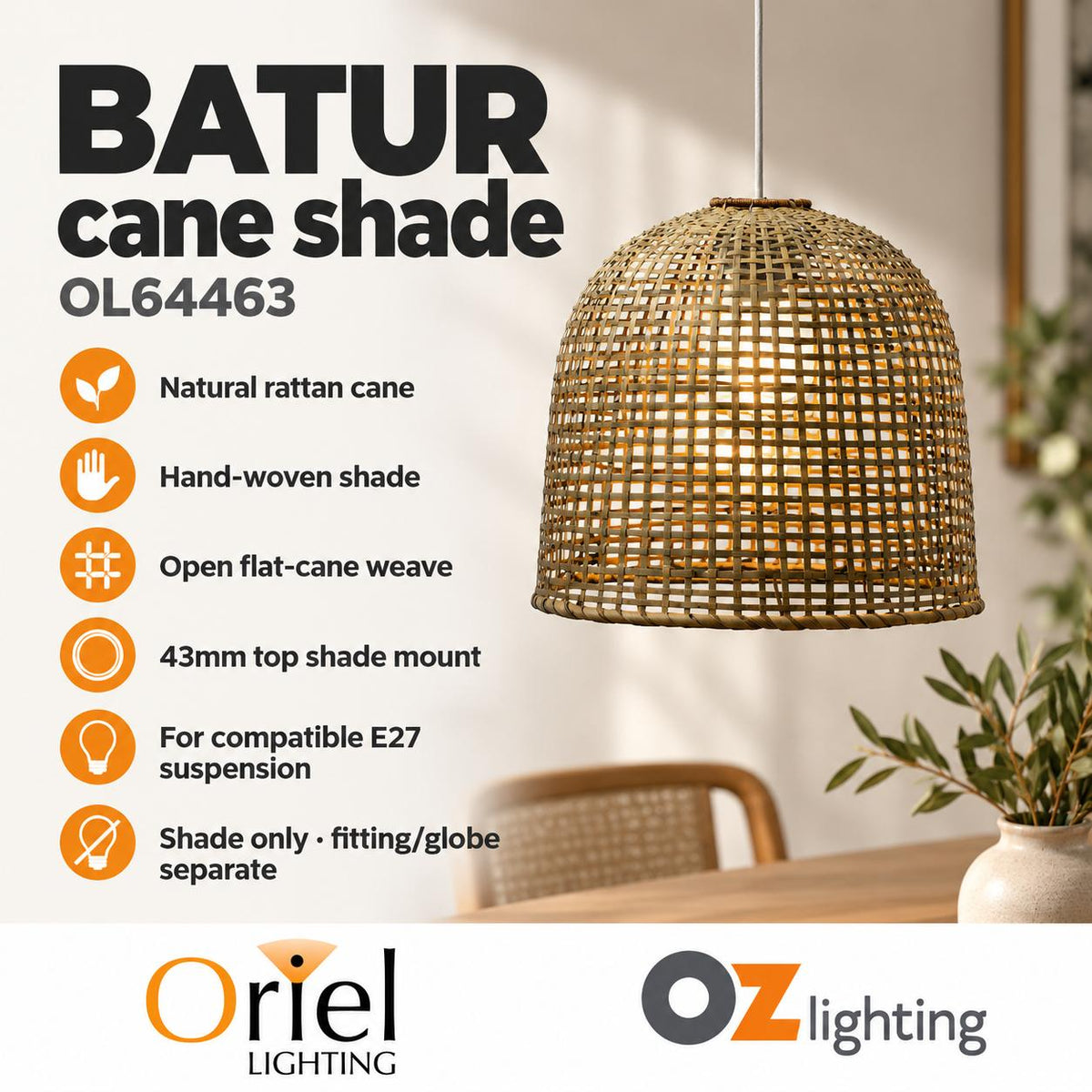 Oriel BATUR Shade Only - Hand Woven Cane-Oriel Lighting-Ozlighting.com.au