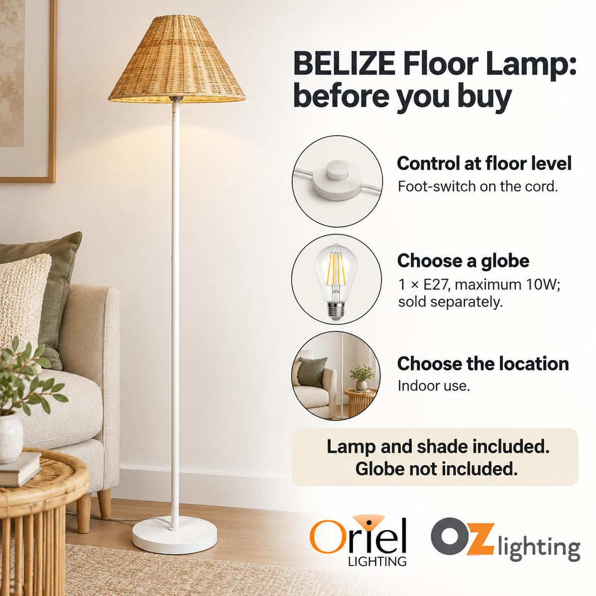 Oriel BELIZE Floor Lamp - Rattan-Oriel Lighting-Ozlighting.com.au