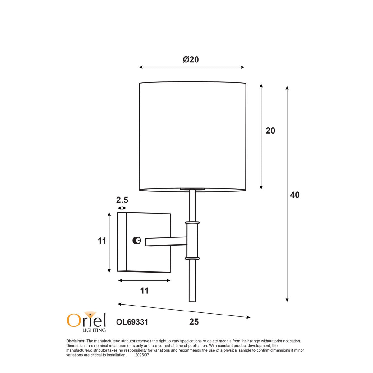 Oriel BELLA Wall Light Fabric Shade 60W-Oriel Lighting-Ozlighting.com.au