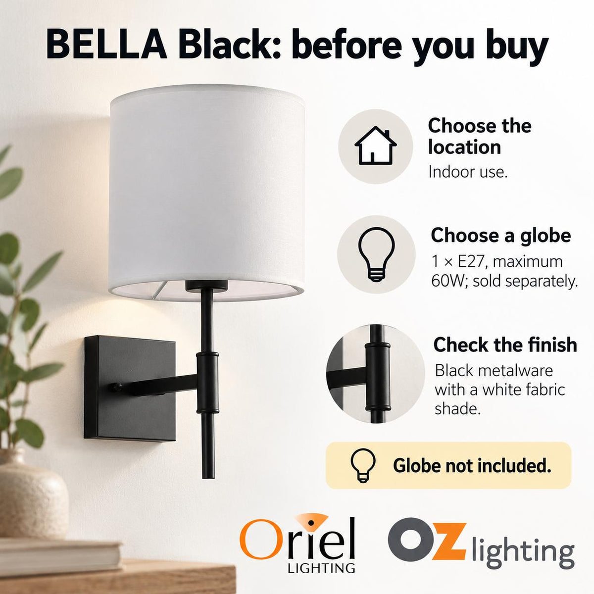 Oriel BELLA Wall Light - Fabric Shade 60W-Oriel Lighting-Ozlighting.com.au