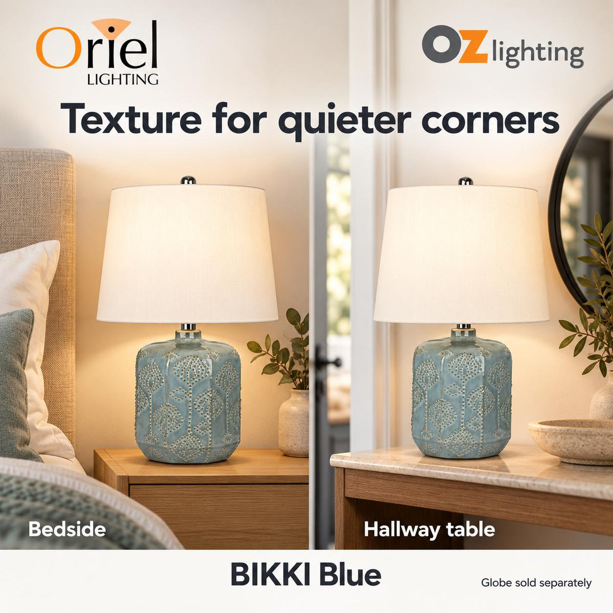 Oriel BIKKI Table Lamp - Embossed Ceramic, Harp Shade, E27-Oriel Lighting-Ozlighting.com.au