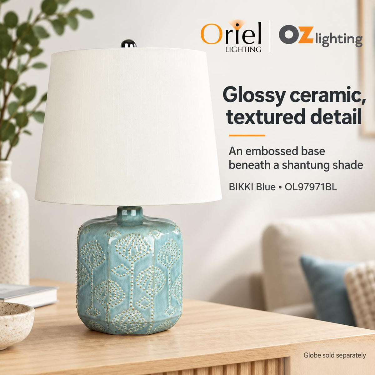 Oriel BIKKI Table Lamp - Embossed Ceramic, Harp Shade, E27-Oriel Lighting-Ozlighting.com.au