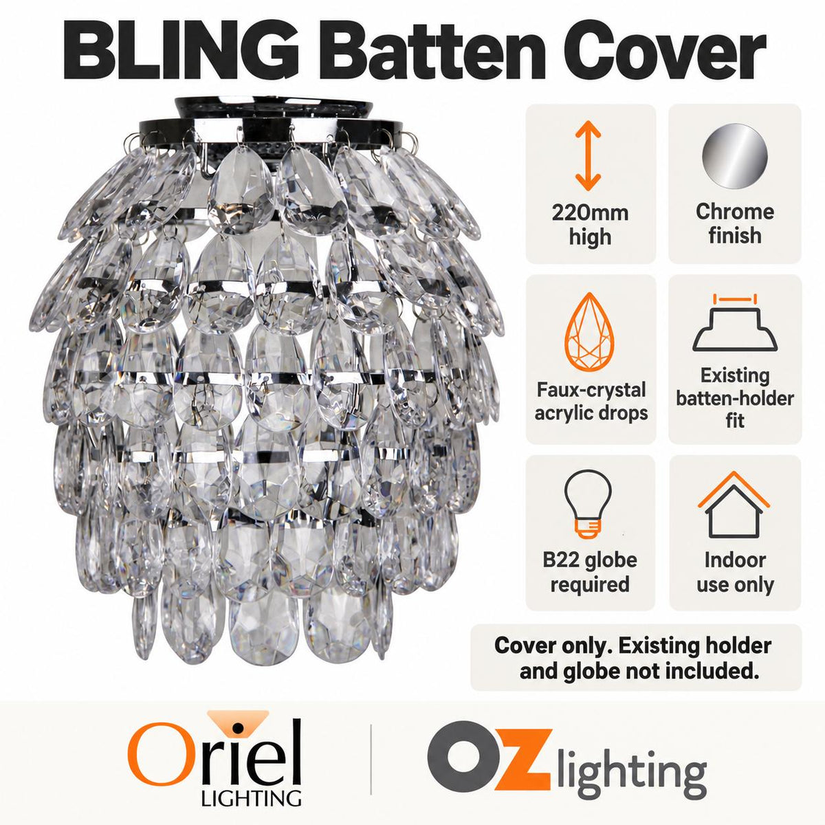 Oriel BLING DIY Batten Fix - Holder Cover Glass Faux Crystal Drop Ceiling Light Shade Only-Oriel Lighting-Ozlighting.com.au