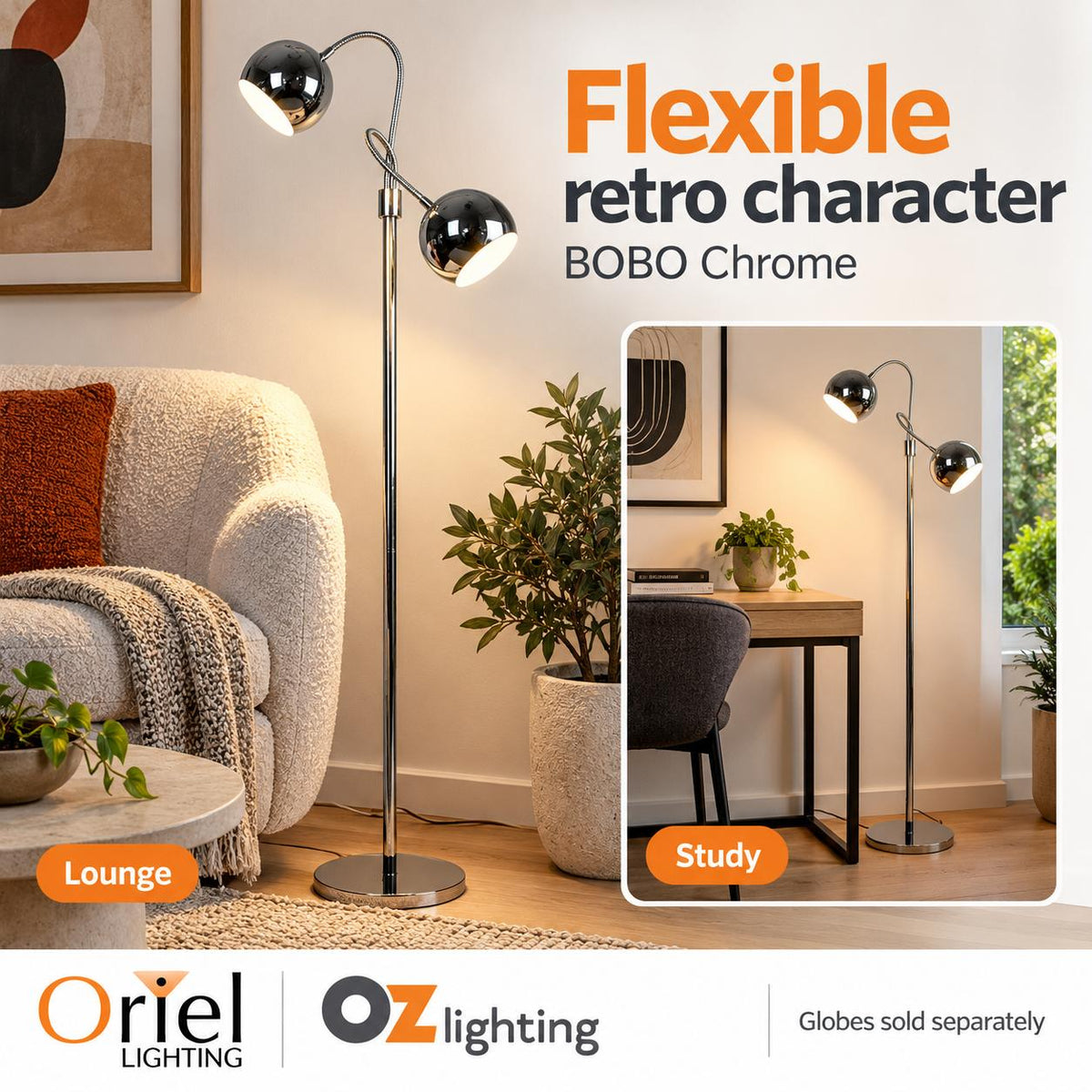 Oriel BOBO Floor Lamp - Twin Flexible Neck, Chrome-Oriel Lighting-Ozlighting.com.au