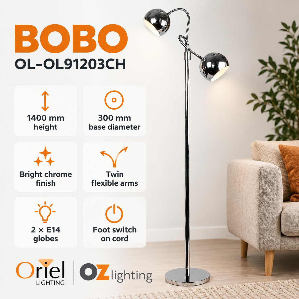 Oriel BOBO Floor Lamp - Twin Flexible Neck, Chrome-Oriel Lighting-Ozlighting.com.au