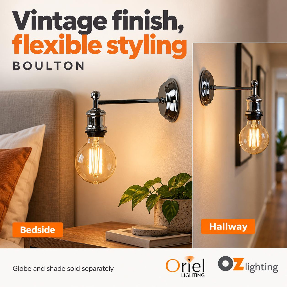 Oriel BOULTON Wall Light - Vintage Metal, Light Chrome-Oriel Lighting-Ozlighting.com.au