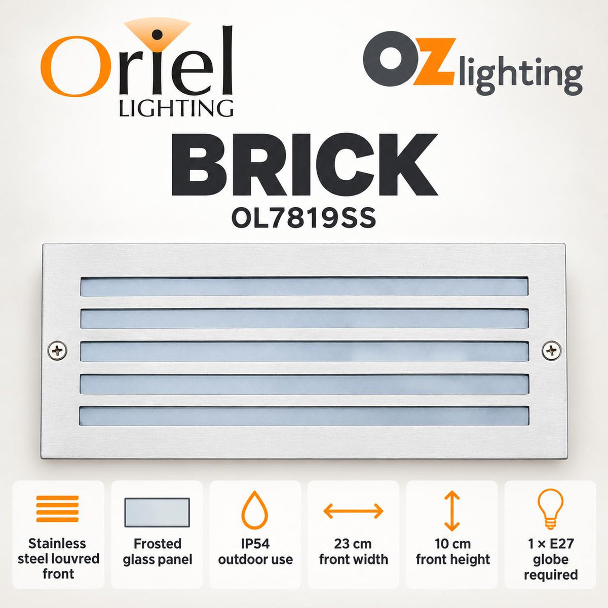 Oriel BRICK Recessed Outdoor Brick Light - Grille Fascia, IP54, Stainless Steel-Oriel Lighting-Ozlighting.com.au