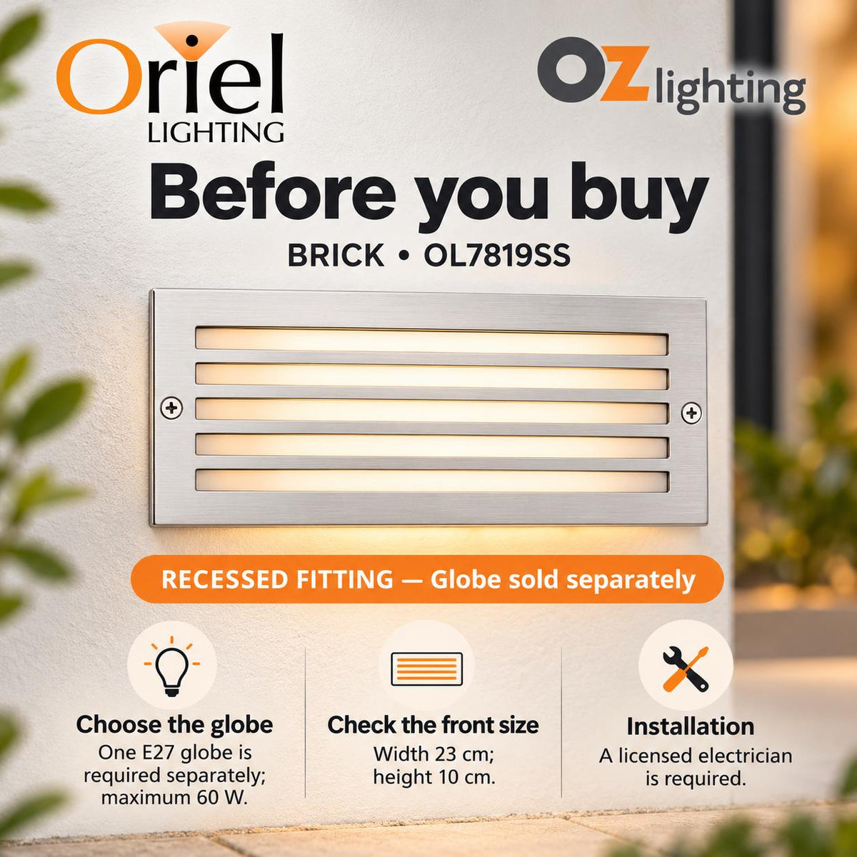 Oriel BRICK Recessed Outdoor Brick Light - Grille Fascia, IP54, Stainless Steel-Oriel Lighting-Ozlighting.com.au
