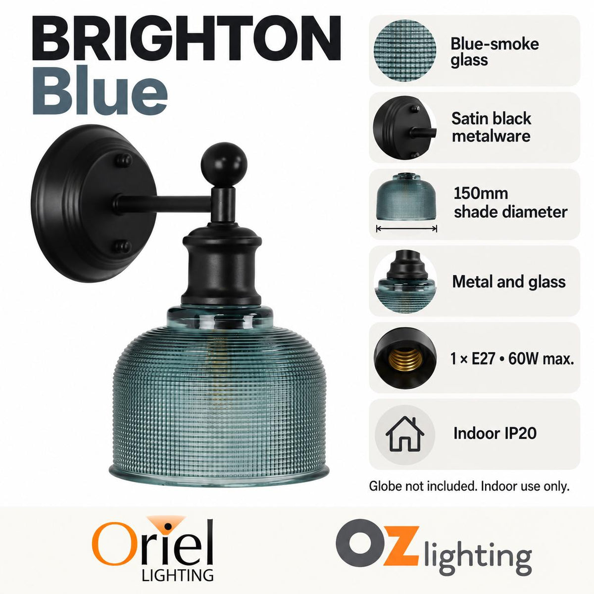 Oriel BRIGHTON Wall Light - 1 Light Interior-Oriel Lighting-Ozlighting.com.au