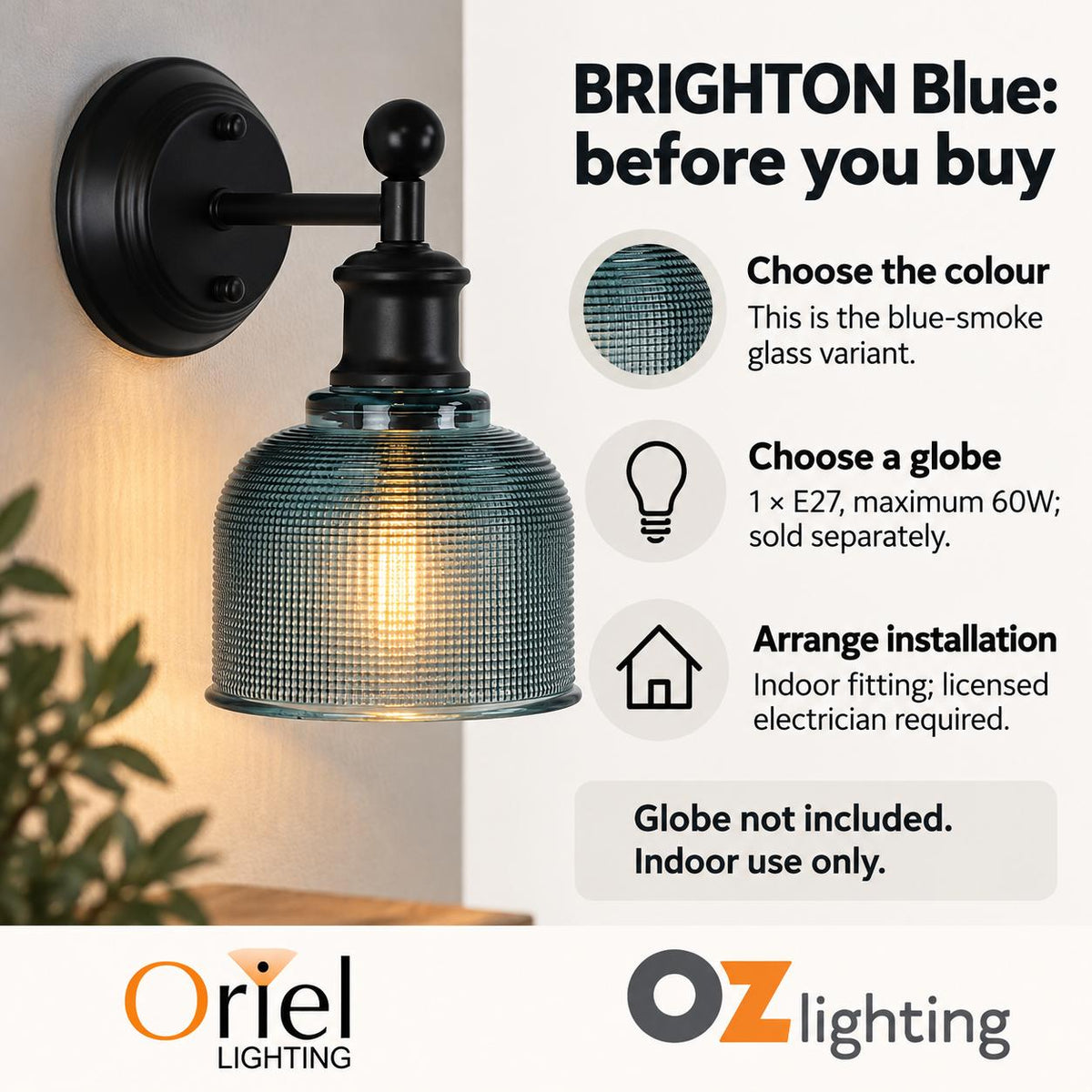 Oriel BRIGHTON Wall Light - 1 Light Interior-Oriel Lighting-Ozlighting.com.au