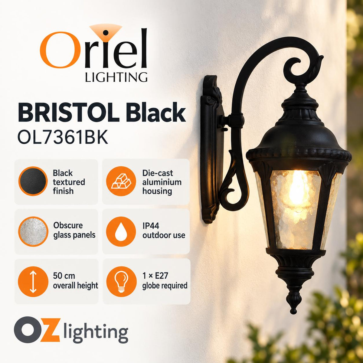 Oriel BRISTOL Outdoor Wall Light - 1 Light Downward Traditional, IP44-Oriel Lighting-Ozlighting.com.au