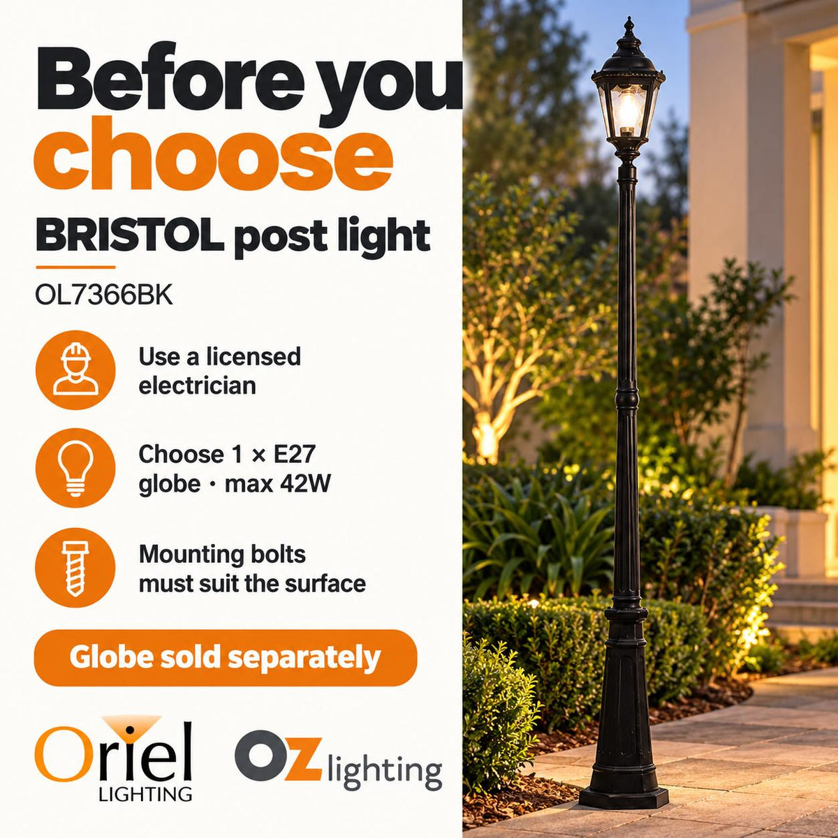 Oriel BRISTOL Post Light - Single Head Tall Traditional, IP44-Oriel Lighting-Ozlighting.com.au