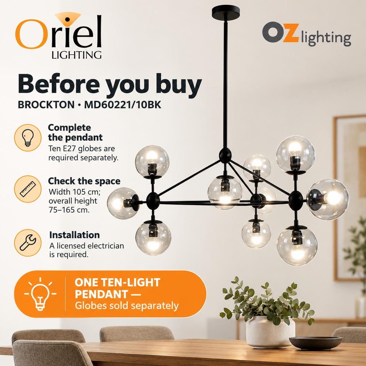 Oriel BROCKTON Pendant - 10 Light-Oriel Lighting-Ozlighting.com.au