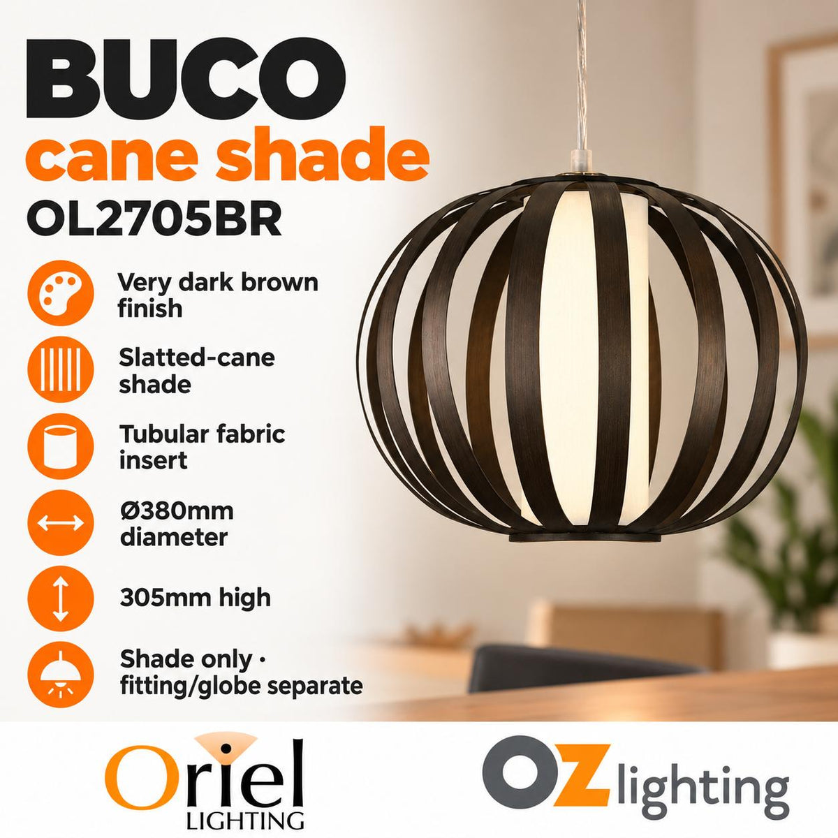 Oriel BUCO Shade - Dark-Brown Slated-Cane-Oriel Lighting-Ozlighting.com.au