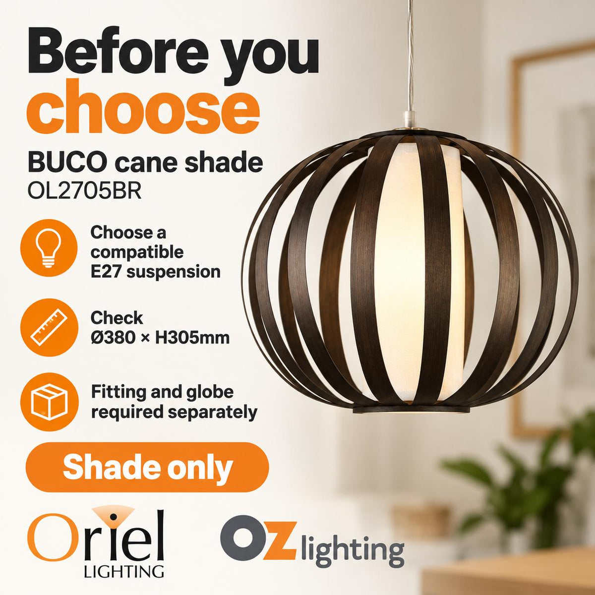 Oriel BUCO Shade - Dark-Brown Slated-Cane-Oriel Lighting-Ozlighting.com.au