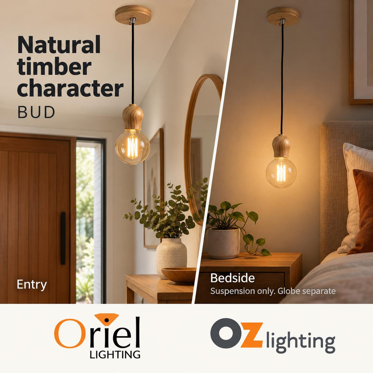 Oriel BUD Pendant - 1 Light Suspension Timber and Cloth Cord Suspension Cable-Oriel Lighting-Ozlighting.com.au