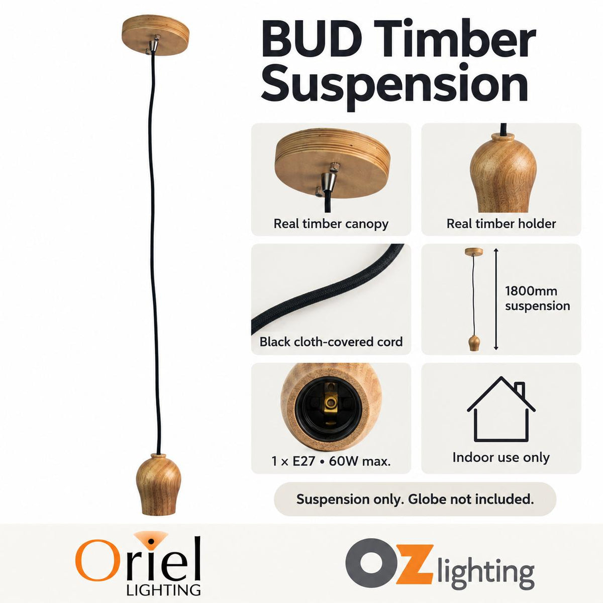 Oriel BUD Pendant - 1 Light Suspension Timber and Cloth Cord Suspension Cable-Oriel Lighting-Ozlighting.com.au