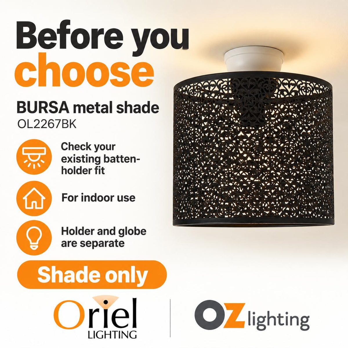 Oriel BURSA DIY Batten Fix - Holder Cover Metal Ceiling Light Shade Only-Oriel Lighting-Ozlighting.com.au