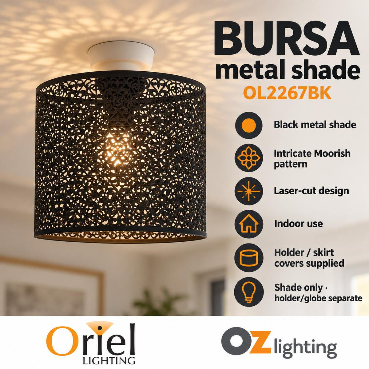 Oriel BURSA DIY Batten Fix - Holder Cover Metal Ceiling Light Shade Only-Oriel Lighting-Ozlighting.com.au