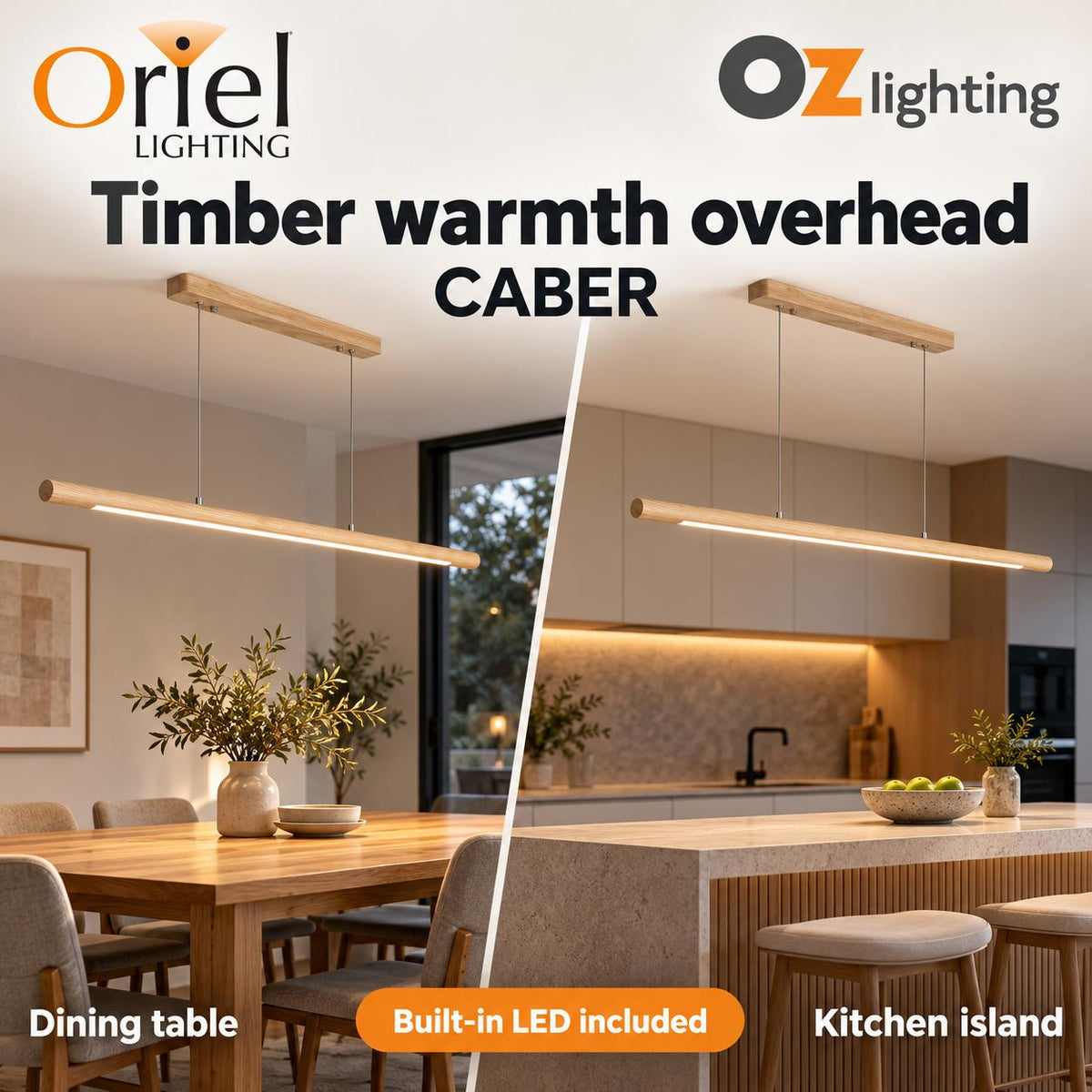 Oriel CABER LED Pendant - 1 Light Timber Linear-Oriel Lighting-Ozlighting.com.au