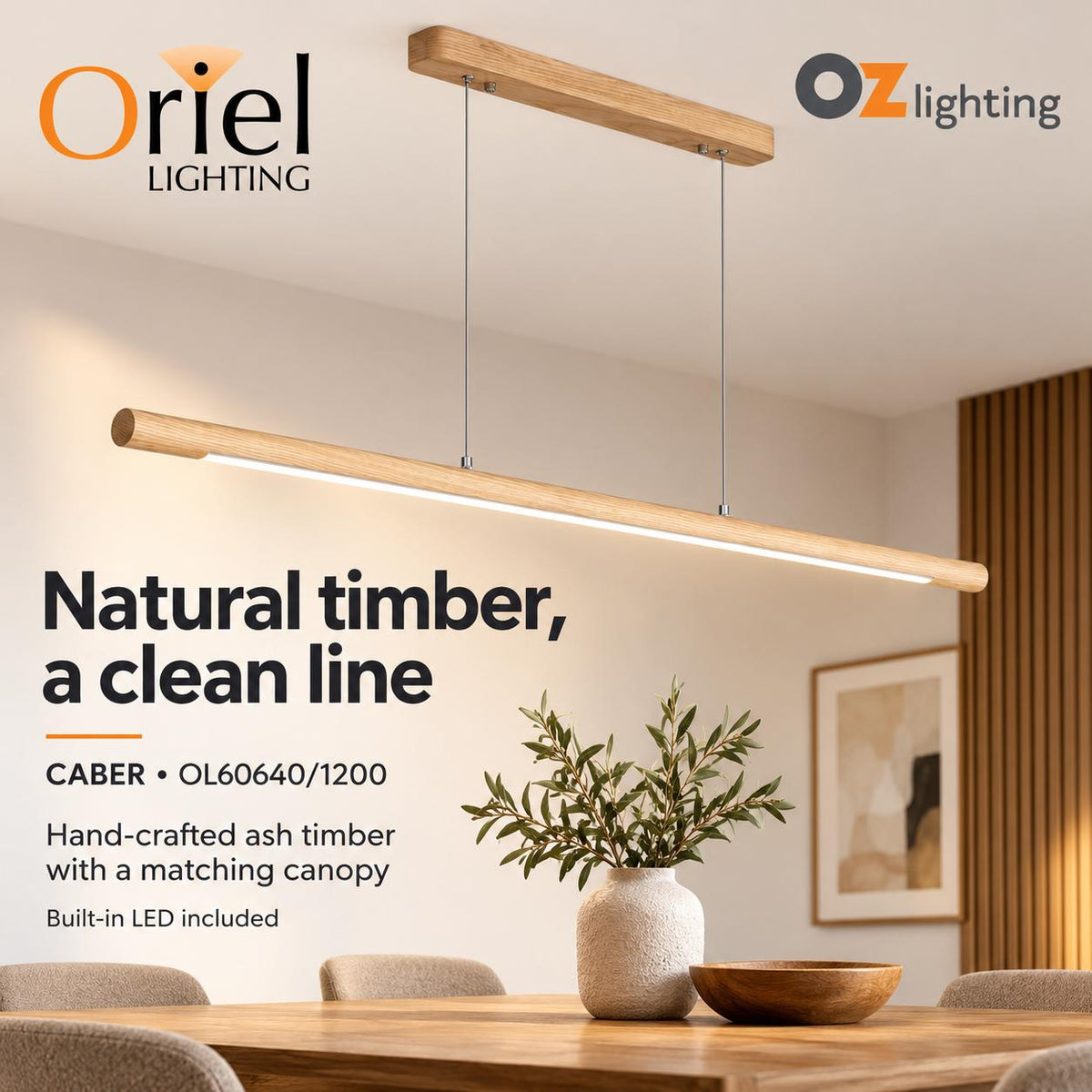 Oriel CABER LED Pendant - 1 Light Timber Linear-Oriel Lighting-Ozlighting.com.au