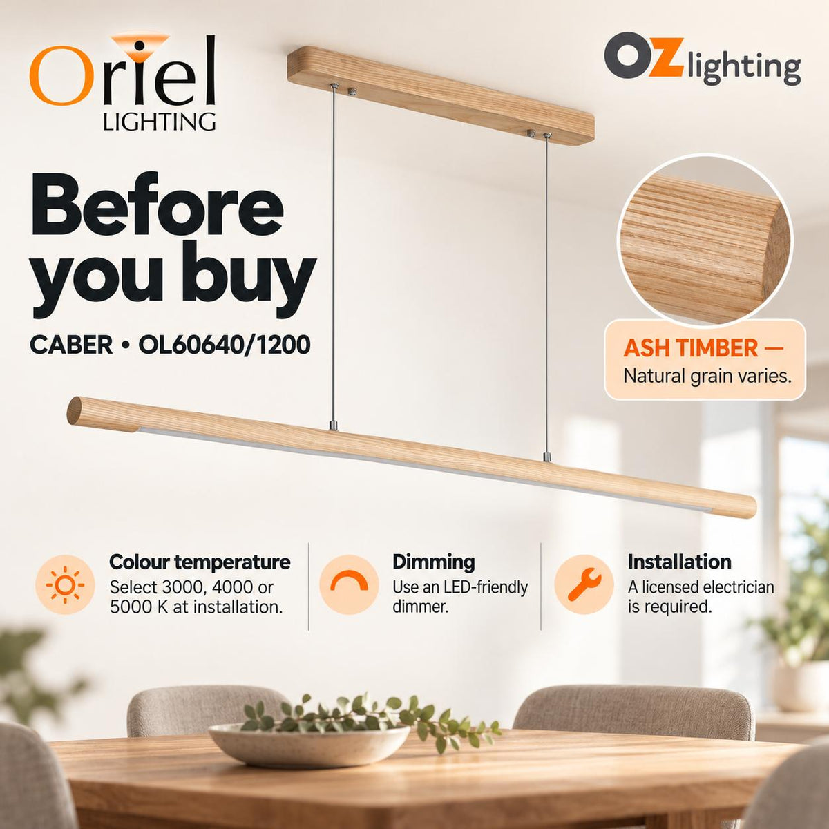 Oriel CABER LED Pendant - 1 Light Timber Linear-Oriel Lighting-Ozlighting.com.au