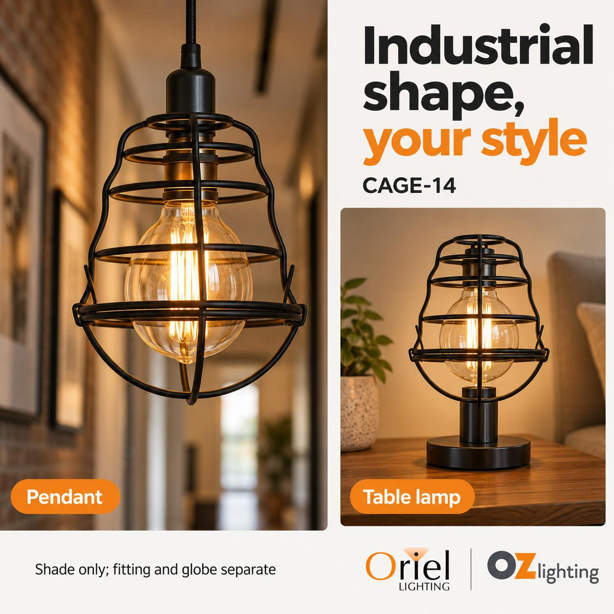 Oriel CAGE-14 Shade Only - Industrial Vintage Cage, SUSPENSION REQUIRED-Oriel Lighting-Ozlighting.com.au