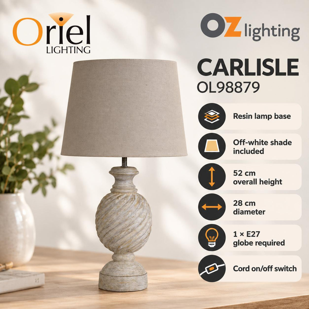 Oriel CARLISLE Table Lamp - White Resin-Oriel Lighting-Ozlighting.com.au