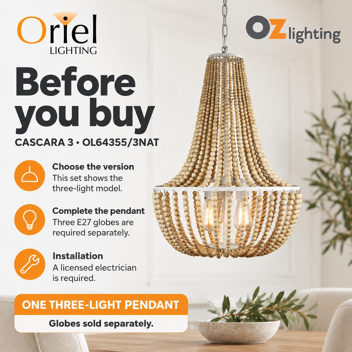 Oriel CASCARA Pendant - 1/3 Light Wooden Beaded-Oriel Lighting-Ozlighting.com.au